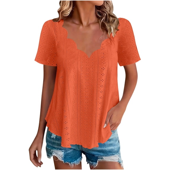 Womens Summer Eyelet Tops, Short Sleeve Shirts for Women Plus Size Casual Lightweight Solid Color Wave V Neck Dressy Blouses