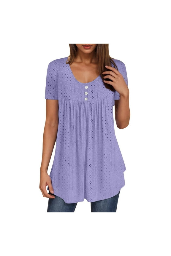 Womens Summer Eyelet Tunic Tops for Leggings Casual Short Sleeve Shirts Flowy Pleated Front Hide Tummy Dressy Blouses
