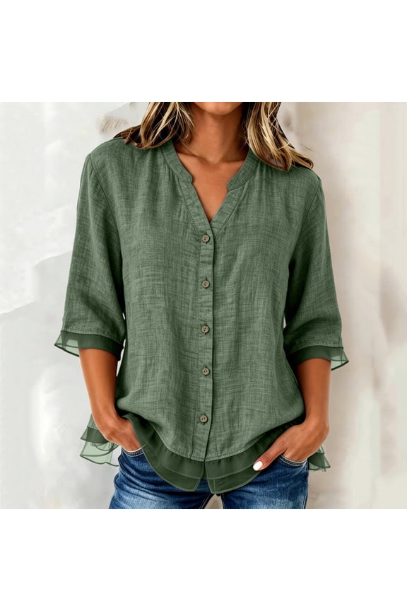 Womens Summer Fall Tops Elbow Length Sleeve Tshirts for Women Button Down V Neck Mesh Splice Casual Top