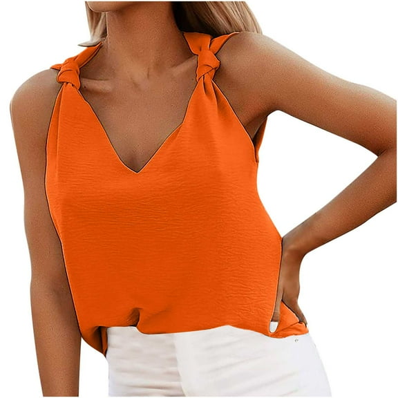 Womens Summer Fashion V Neck Sleeveless Tunic Tops Solid Color Chiffon Blouse Bow Tie Shoulder Tee Shirts Graphic Casual Tee Shirt
