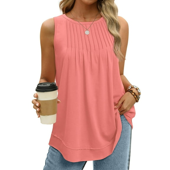 Womens Summer Fashion 2024 Tank Tops for Women Loose Fit Pleated Sleeveless Shirts With Curved Hem Flowy Clothes