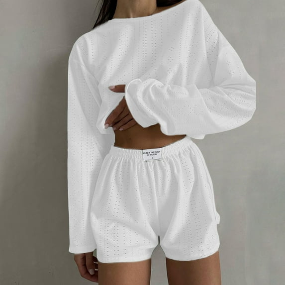 Womens Summer Fashion Casual Two Piece Outfits Casual Shorts Set O Neck Long Sleeve Tops And Shorts Tracksuit Swimsuit Cover Women Cut Swimsuits for Women Swimming Pants Women Body Swimsuits Summer