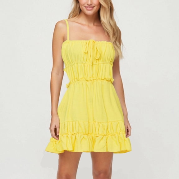 Womens Summer Fashion Dresses Casual Sleeveless Solid Camis Backless High Waist Mini Yellow 2026 Vacation Beach Sundresses S-XL