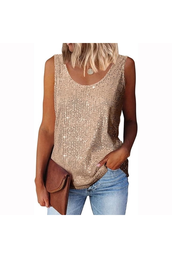 Womens Summer Fashion Sequin Tops Scoop Neck Sequin Sparkle Shimmer Sleeveless Tanks Tops Blouses Champagne L