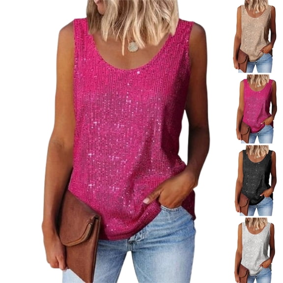 Womens Summer Fashion Sequin Tops Scoop Neck Sequin Sparkle Shimmer Sleeveless Tanks Tops Blouses,Hot Pink L