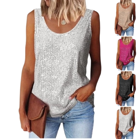 Womens Summer Fashion Sequin Tops Scoop Neck Sequin Sparkle Shimmer Sleeveless Tanks Tops Blouses,White S