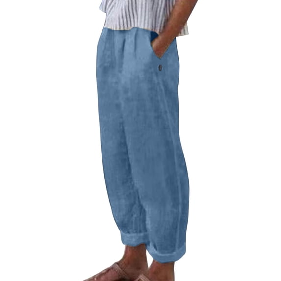 Womens Summer Fashion Striped Printed Button Nine-Point Pants Casual Versatile Straight Pants Comfortable Soft Loose Pant