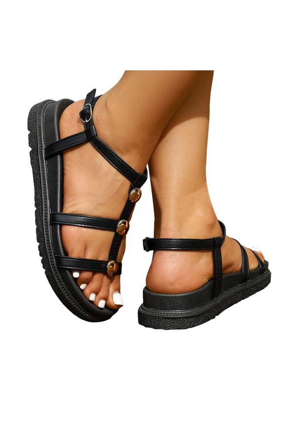 Womens Summer Flat Sandals Strappy Walking Beach Slide Shoes with Ankle Strap Ladies Outdoor Casual Dressy Sandal for Vacation Black 8