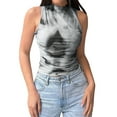 thumbnail image 1 of Womens Summer Floral Mesh Sleeveless High Neck Ruched Slim Fitted Casual Tank Top Going Out Tops Gray Black XL, 1 of 9