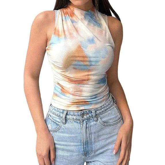 Womens Summer Floral Mesh Sleeveless High Neck Ruched Slim Fitted Casual Tank Top Going Out Tops Orange Blue XXL