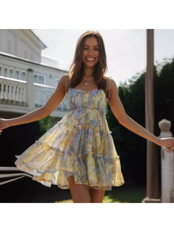 Womens Summer Floral Mini Dress Boho Flowy Skater Dresses Short Sleeveless Ruffle Spaghetti Strap Dress