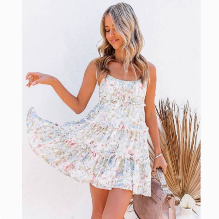 boho skater dress Kalavika Womens Summer Floral Mini Flowy Dresses Short Sleeveless Ruffle Spaghetti Strap Dress, Women's, Size: 2XL, White sleeve-style_Straps 7 Fashionable Celebrities Wearing Size:EU 36.5 style it with delicate