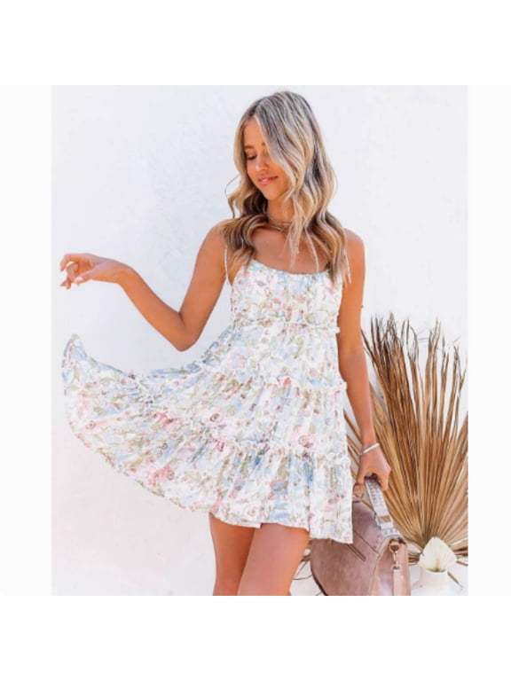 Womens Summer Floral Mini Dress Boho Flowy Skater Dresses Short Sleeveless Ruffle Spaghetti Strap Dress