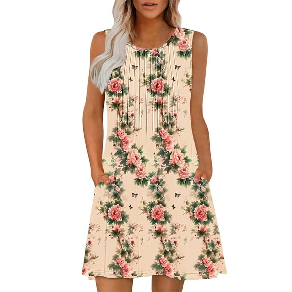 Womens Summer Floral Mini Dress Casual Front Pleated Crewneck Sleeveless Sundress A-line Dresses for Beach Vacation