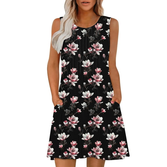 Womens Summer Floral Mini Dress Casual Front Pleated Crewneck Sleeveless Sundress A-line Dresses for Beach Vacation