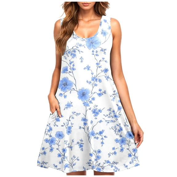 Womens Summer Floral Sundress Sleeveless Casual A Line Tank Dress with Pockets Beach Dress