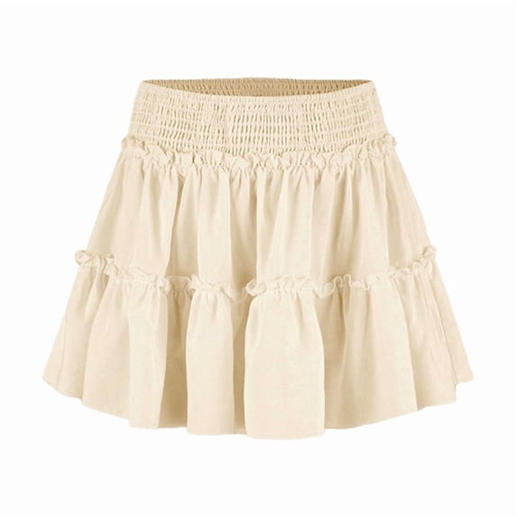 Womens Summer Flowy High Waist Ruffle Tiered Casual Cute Boho Beach Short Skirts Built-in Shorts Beige S