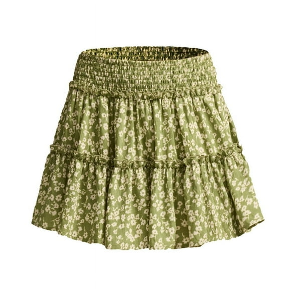 Womens Summer Flowy High Waist Ruffle Tiered Casual Cute Boho Beach Short Skirts Built-in Shorts Green Flowers M