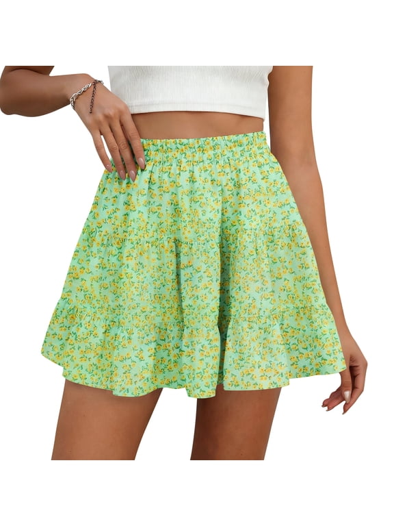 Womens Summer Flowy Tiered Ruffle Mini Skirt Cute High Waist Beach Boho Floral Polka Dot Short Skirts Floral A-Line Female Mini Skirts Womens Summer Clothes