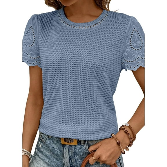 Womens Summer Frenchy Crewneck Waffle Knit Jacquard Blouses Top Shirts Lake Blue S
