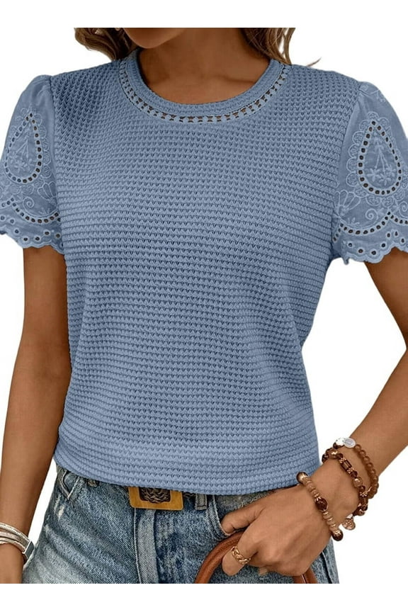 Womens Summer Frenchy Crewneck Waffle Knit Jacquard Blouses Top Shirts Lake Blue XL