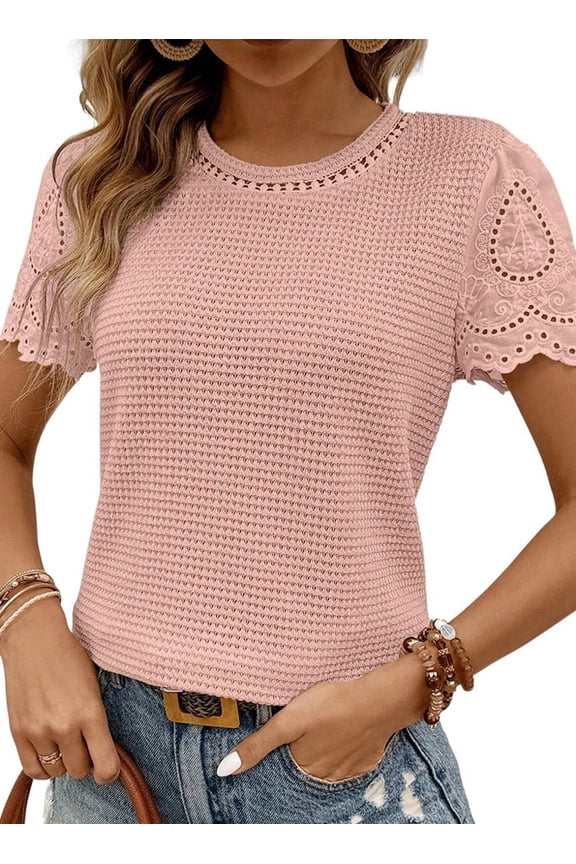 Womens Summer Frenchy Crewneck Waffle Knit Jacquard Blouses Top Shirts Pink L