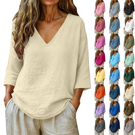 Womens Summer Gauze Tops Casual Linen Cotton Tunic Blouse 3/4 Sleeve V Neck Peasant Shirts Beach Vacation Tees Beige S