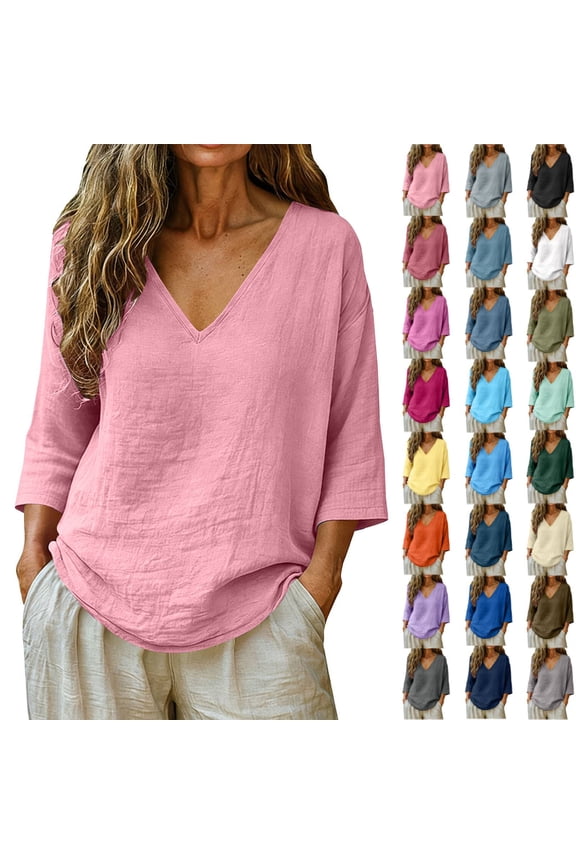 Womens Summer Gauze Tops Casual Linen Cotton Tunic Blouse 3/4 Sleeve V Neck Peasant Shirts Beach Vacation Tees Light pink S