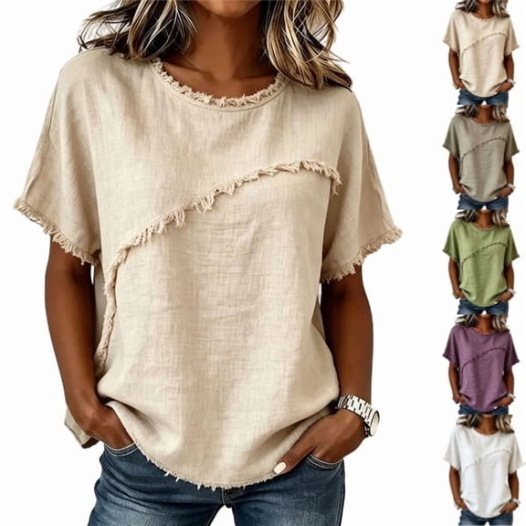 Womens Summer Gauze Tops Linen Raw Edge V Neck Short Sleeve Tees Blouse Beach Vacation Tunic Tops Beige S