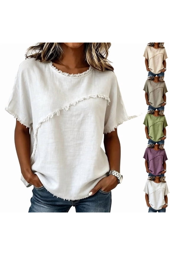 Womens Summer Gauze Tops Linen Raw Edge V Neck Short Sleeve Tees Blouse Beach Vacation Tunic Tops White L