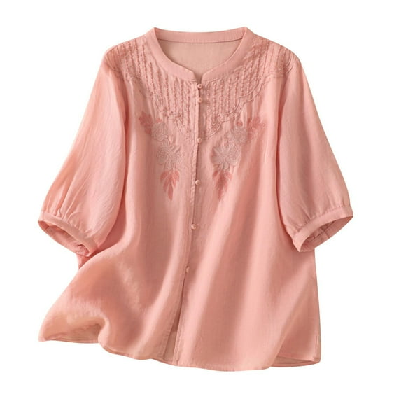 Womens Summer Gauze Tops Vintage Floral Embroidered 3/4 Sleeve Top Loose Fit Boho Dressy Casual Blouses Trendy