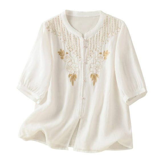 Womens Summer Gauze Tops Vintage Floral Embroidered 3/4 Sleeve Top Loose Fit Boho Dressy Casual Blouses Trendy