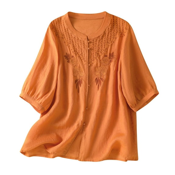 Womens Summer Gauze Tops Vintage Floral Embroidered 3/4 Sleeve Top Loose Fit Boho Dressy Casual Blouses Trendy