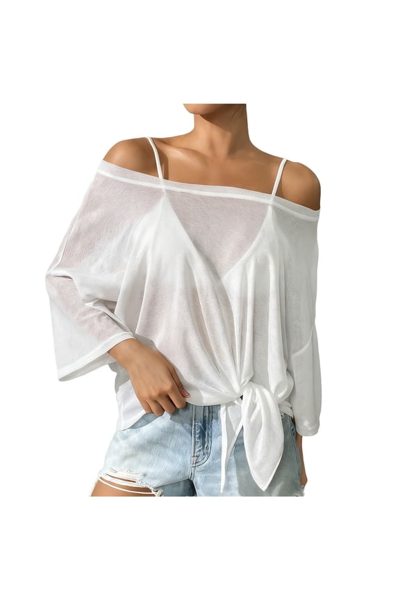Womens Summer Gauzy Tops Sexy Semi Sheer 3/4 Sleeve Flowy Peasant Blouse Classy See Through Cruise Going Out Shirts