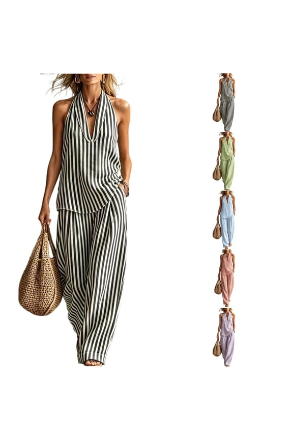 Womens Summer Gingham 2 Piece Set Halter Neck Sleeveless Top Pant Sets Casual Cotton Lounge Outfits with Pockets,Black S