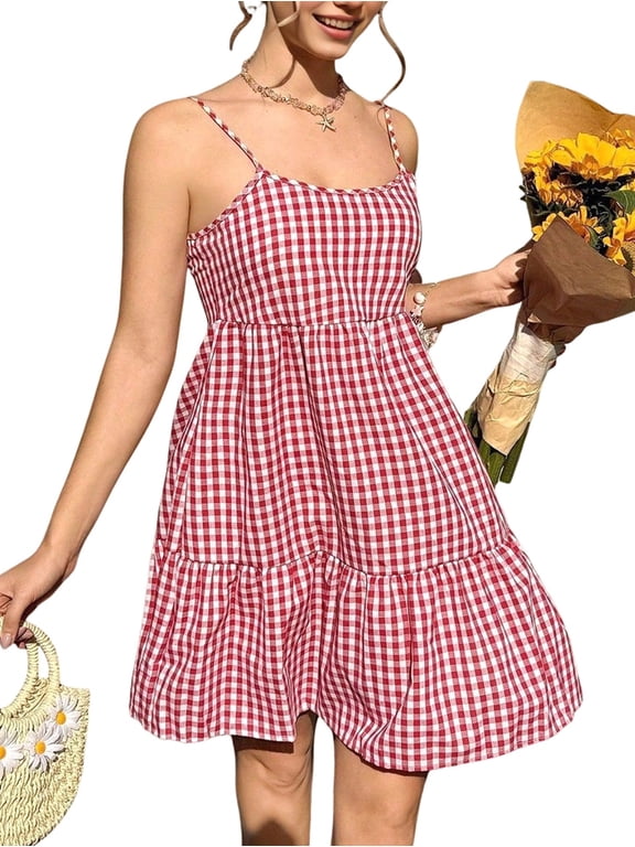 Womens Summer Gingham Dress Plaid Spaghetti Strap Backless A Line Casual Mini Dresses Sundress Red Grid M