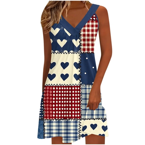 Womens Summer Graphic Casual Tank Dress, Pleated V Neck Sleeveless Bohemian Loose Swing Beach Sundresses