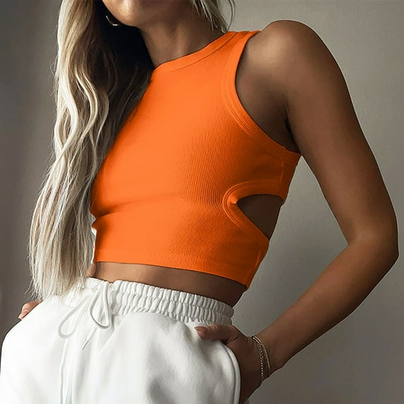 Womens Summer Halter Cutout Tops Sleeveless Crewneck Racerback Ribbed Knitted Crop Tank Top
