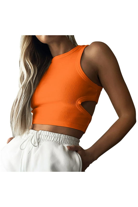 Womens Summer Halter Tops Cutout Sleeveless Crewneck Racerback Ribbed Knitted Crop Tank Top