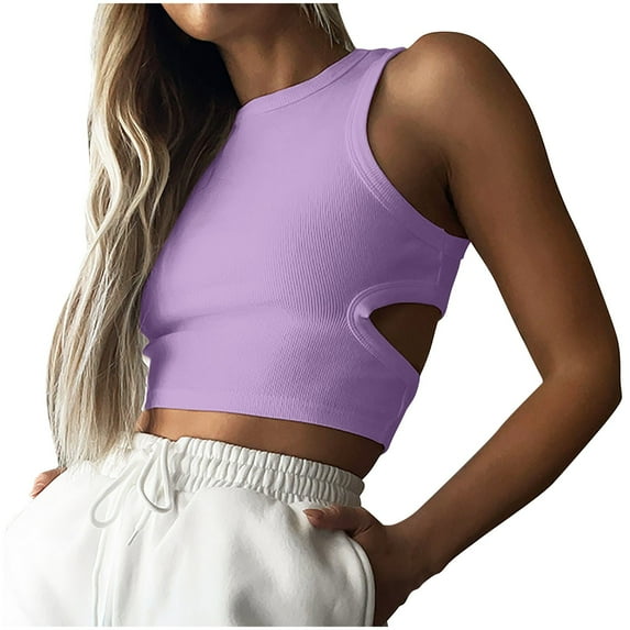 Womens Summer Halter Tops Cutout Sleeveless Crewneck Racerback Ribbed Knitted Crop Tank Top