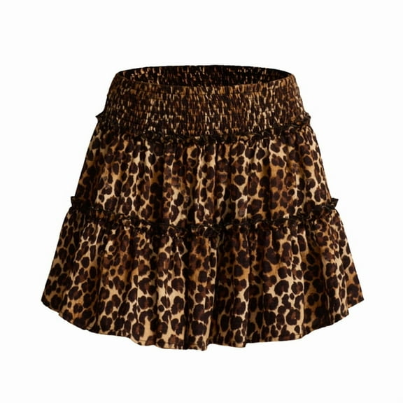 Womens Summer High Waist Ruffle Tiered Casual Cute Boho Beach Short Skirts Built-in Shorts Leopard Pattern S