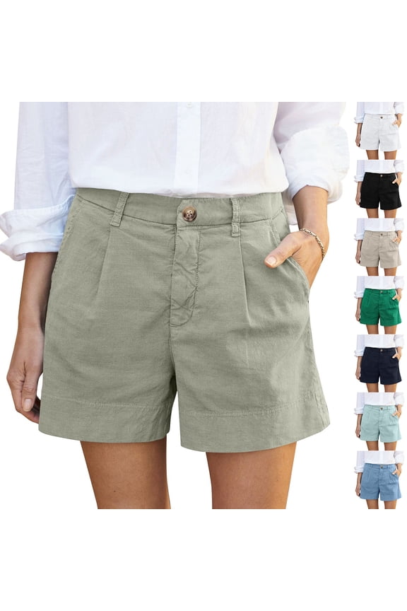 Womens Summer High Waist Shorts Roll Up Pleated Zippered Wrap Hem Wide Leg Shorts with Pockets White L