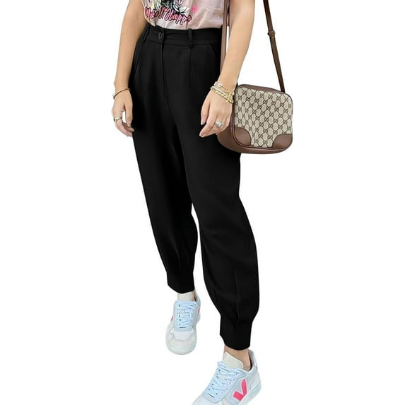 Womens Summer High Waisted Ankle Length Trouser Slacks With Pockets