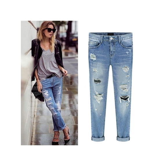 Roiped Womens Summer High Waisted Distressed Ripped Stretch Denim Pants Hole ...