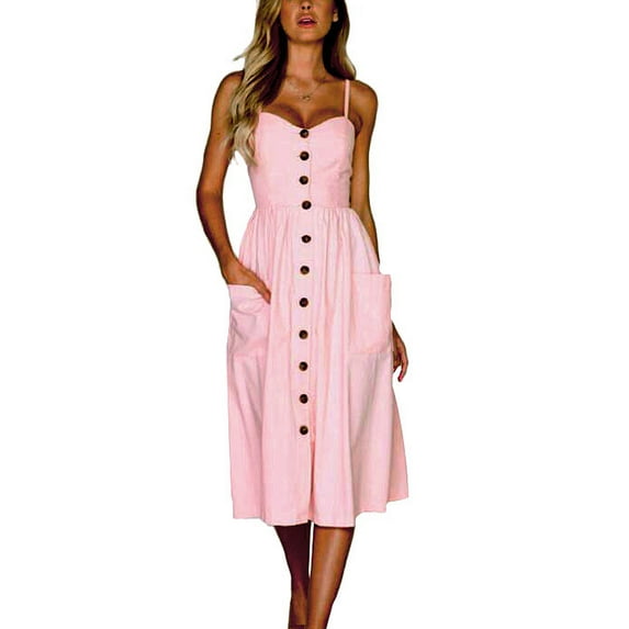 Womens Summer Holiday Beach Bardot Button Through Ladies Sling Long Smock Sun Dress