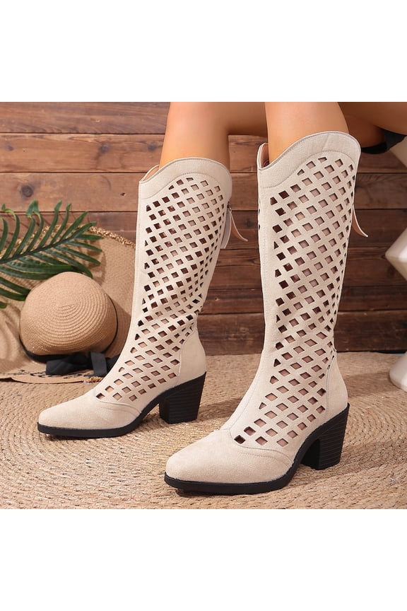 Womens Summer Hollow Breathable Tall Cowboy Booties Grid Cut Out Back Zip Chunky Heel Western Knee High Boots for Travel Beach Festival Beige 41