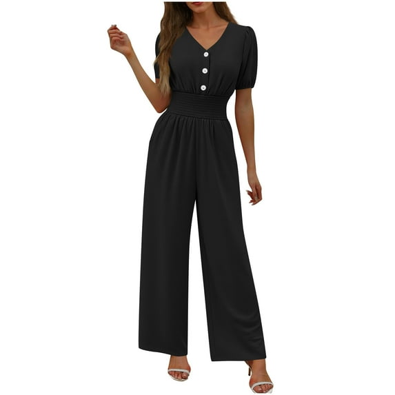 Womens Summer Jumpsuit V Neck Short Sleeve Button High Waist Wide Leg Pleated One Romper With Pockets (S, Black)