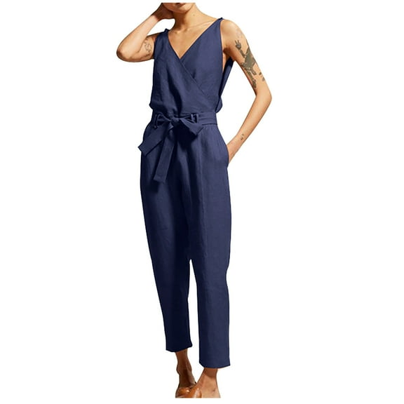 Womens Summer Jumpsuits Casual Baggy Cotton Linen Plain Rompers Wrap V Neck Sleeveless Belted Long Pants Playsuits