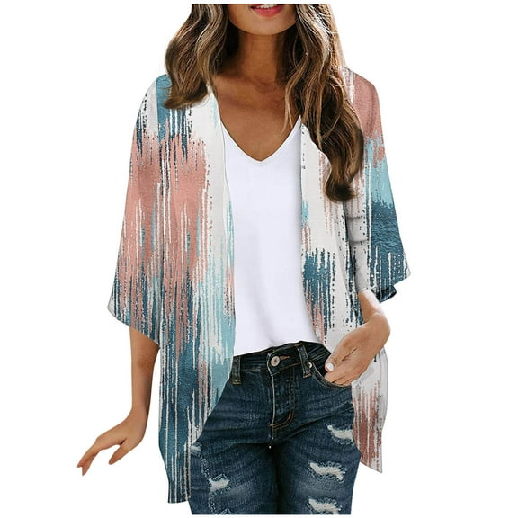 Womens Summer Kimono Cardigan Ladies Short Sleeve Lightweight Sheer Cover Up Shrug Open Front Tops Blue A XXL