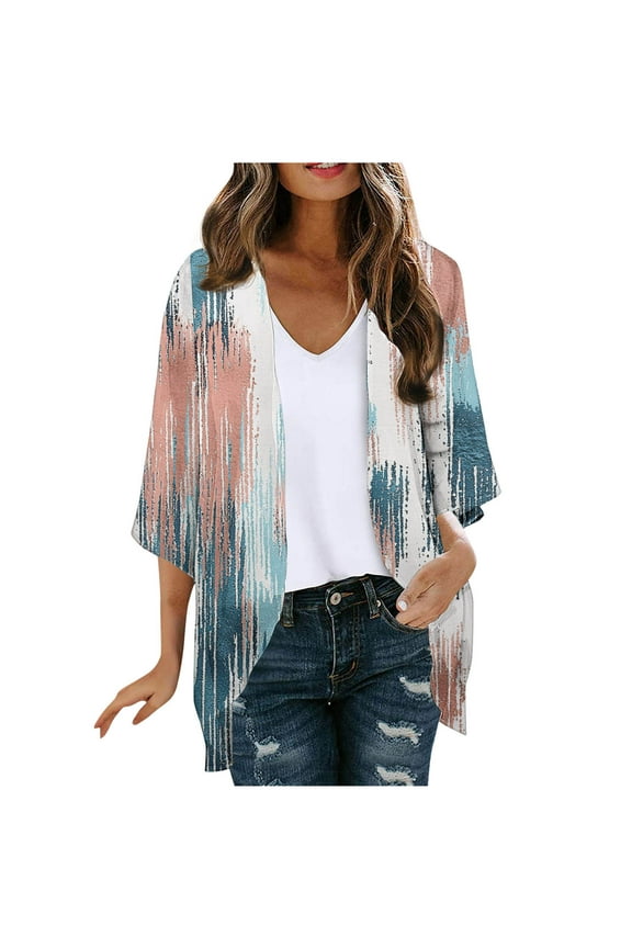 Womens Summer Kimono Cardigan Ladies Short Sleeve Lightweight Sheer Cover Up Shrug Open Front Tops Blue A XXL
